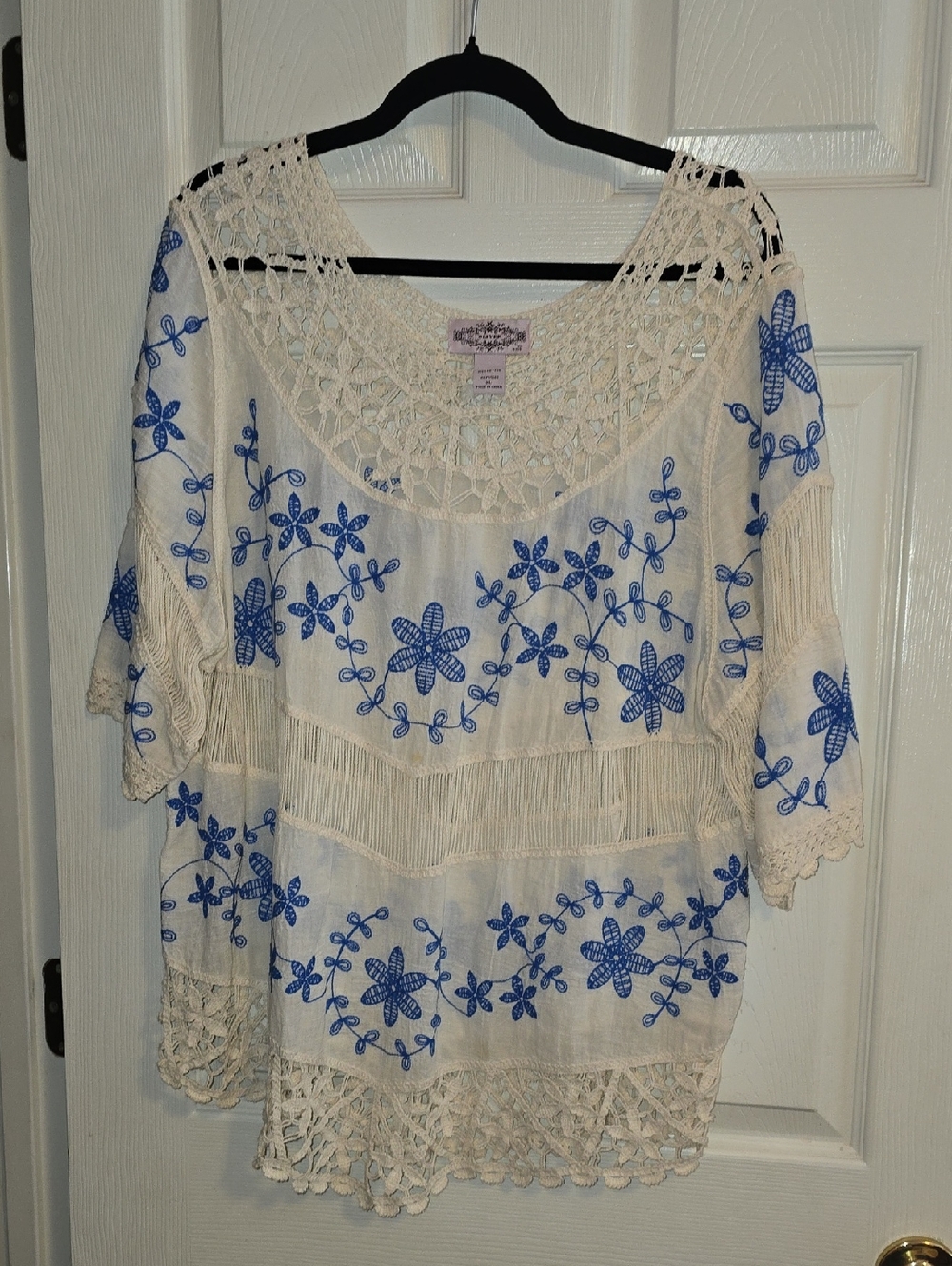 Olivers Cream Crochet Tunic with Blue Floral Embroidery